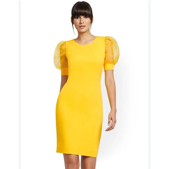 NY & Co. Women's Organza-Sleeve Sheath Dress in Yellow Magic Crepe Size Small - Picture 1 of 10